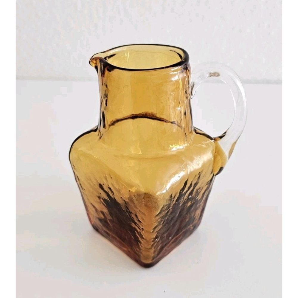 Vintage Hand-Blown Textured Small Amber Glass Pitcher Cute Adorable Decor